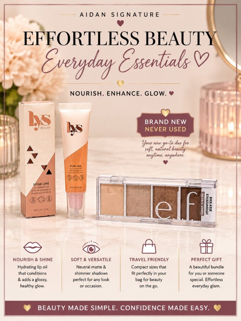 L.Y.S. Beauty Speak Love Lip Treatment Oil + e.l.f. Bite-Size Eyeshadow Cream &